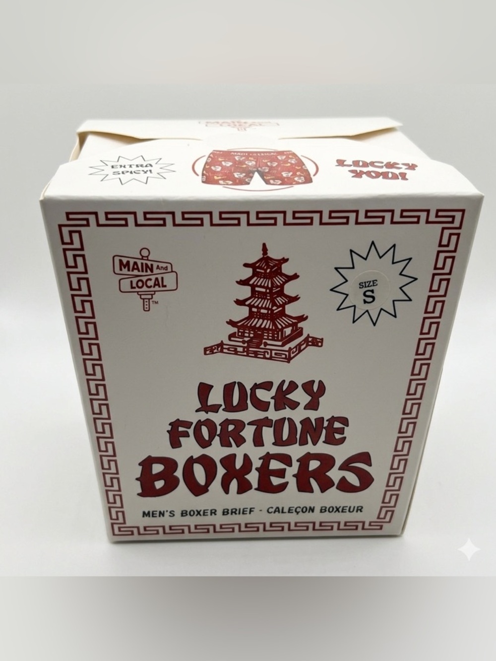 Main and Local Lucky Fortune Boxer Briefs Men’s S Takeout Box Novelty NIB